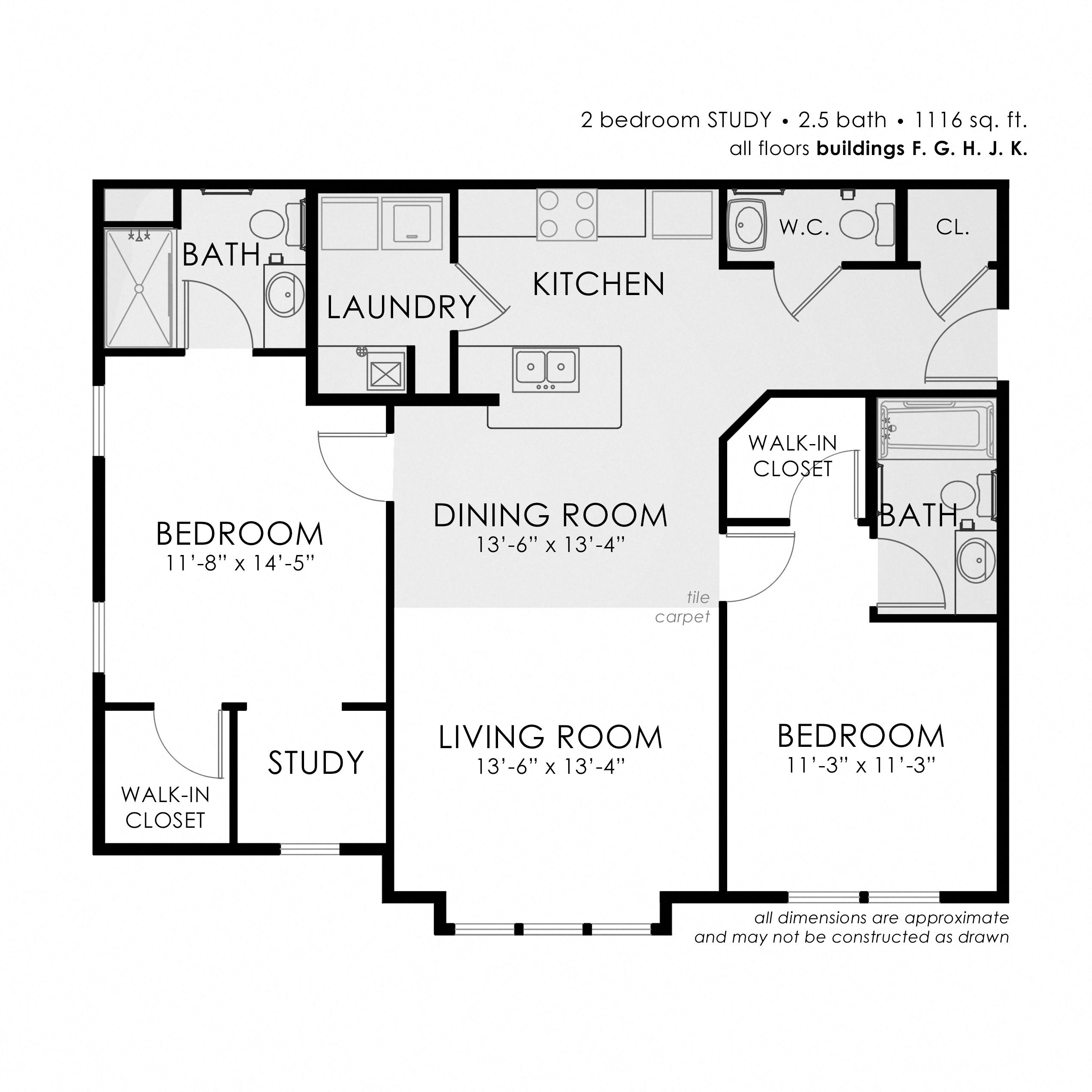 Floor plan for 2 beds, 2.5 baths, 1116 sqft